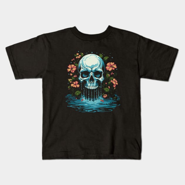 Flowers and waterfall - tattoo art skull Kids T-Shirt by Modern Medieval Design